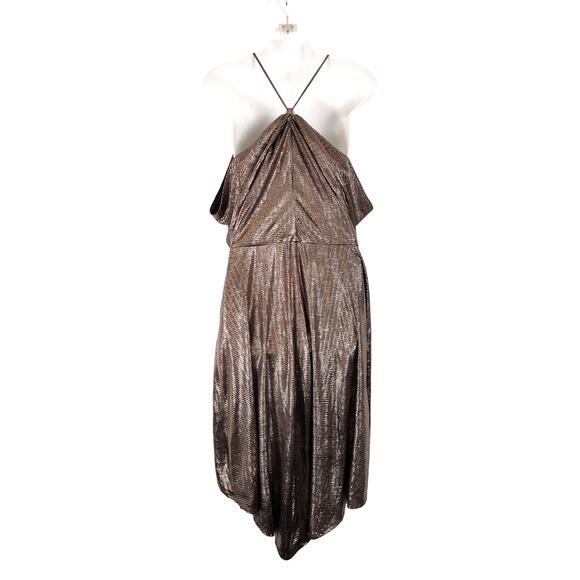 H by Halston Drape Metallic Gunmetal Halter Neck Midi Dress Gold Womens Size 10 - Picture 2 of 6